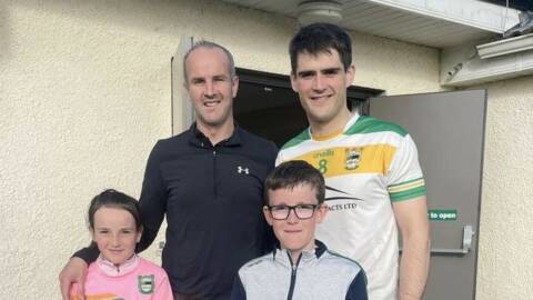 Many thanks to Kieran McVeigh, owner of McVeighs Shop Dunavil, for sponsoring the match ball from Friday night's Senior Football Division 2 match against St. John’s. Kieran is pictured alongside his children presenting the match ball to senior captain Ronan McAlinden. 
